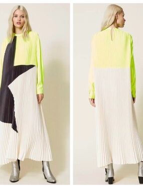 Twin-Set Neon Yellow, Black & Ivory Pleated Colorblock Maxi Dress